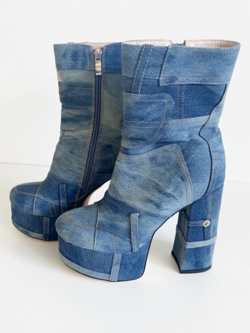 Pazzle Patchwork Denim Platform Ankle Boots 7.5 Chunky Heel Blue Jeans Booties